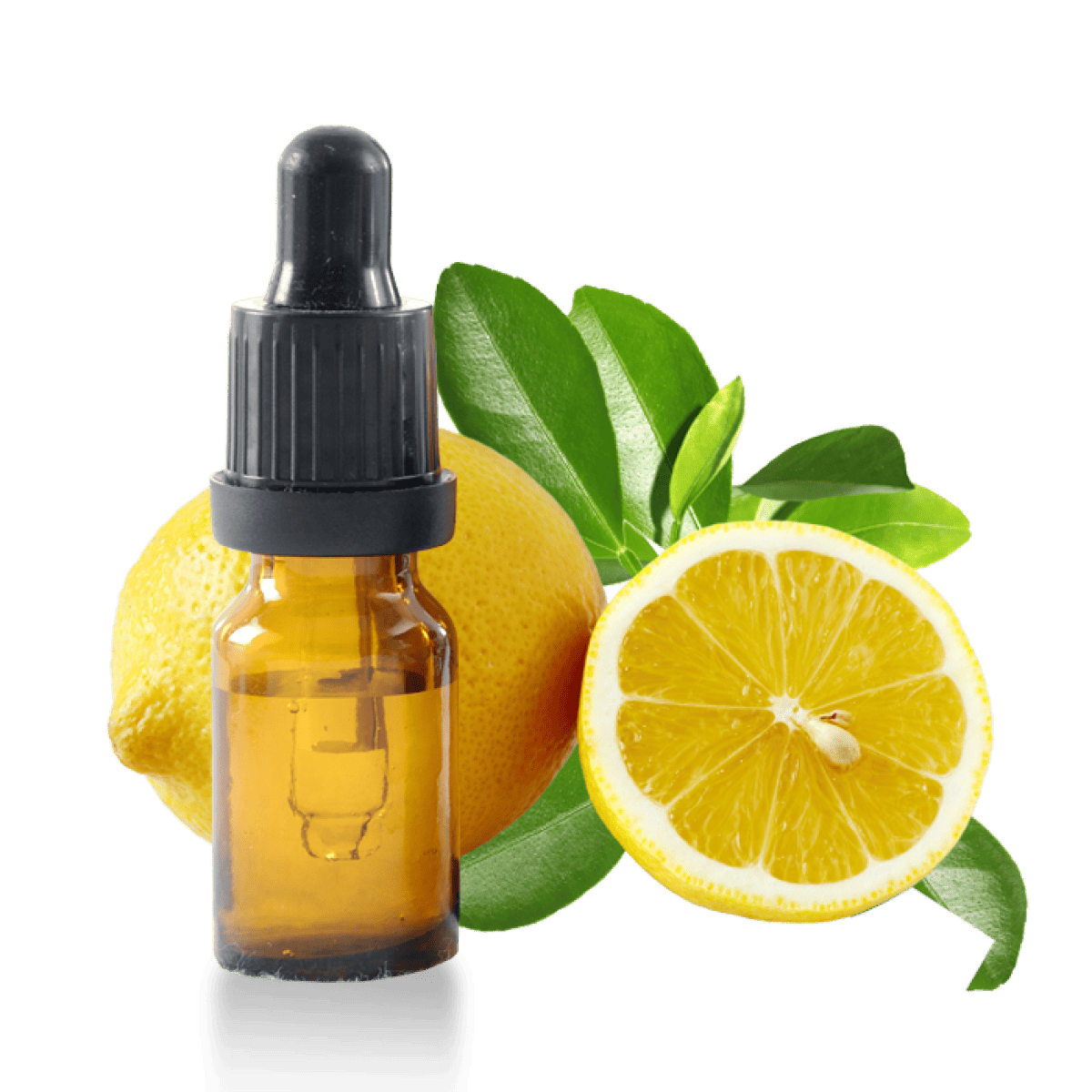 Essential oil vial positioned in front of a chopped lemon